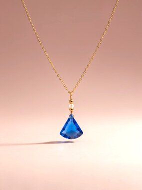 Pretty Lab Blue Sapphire Fan Shaped Necklace, September Birthstone